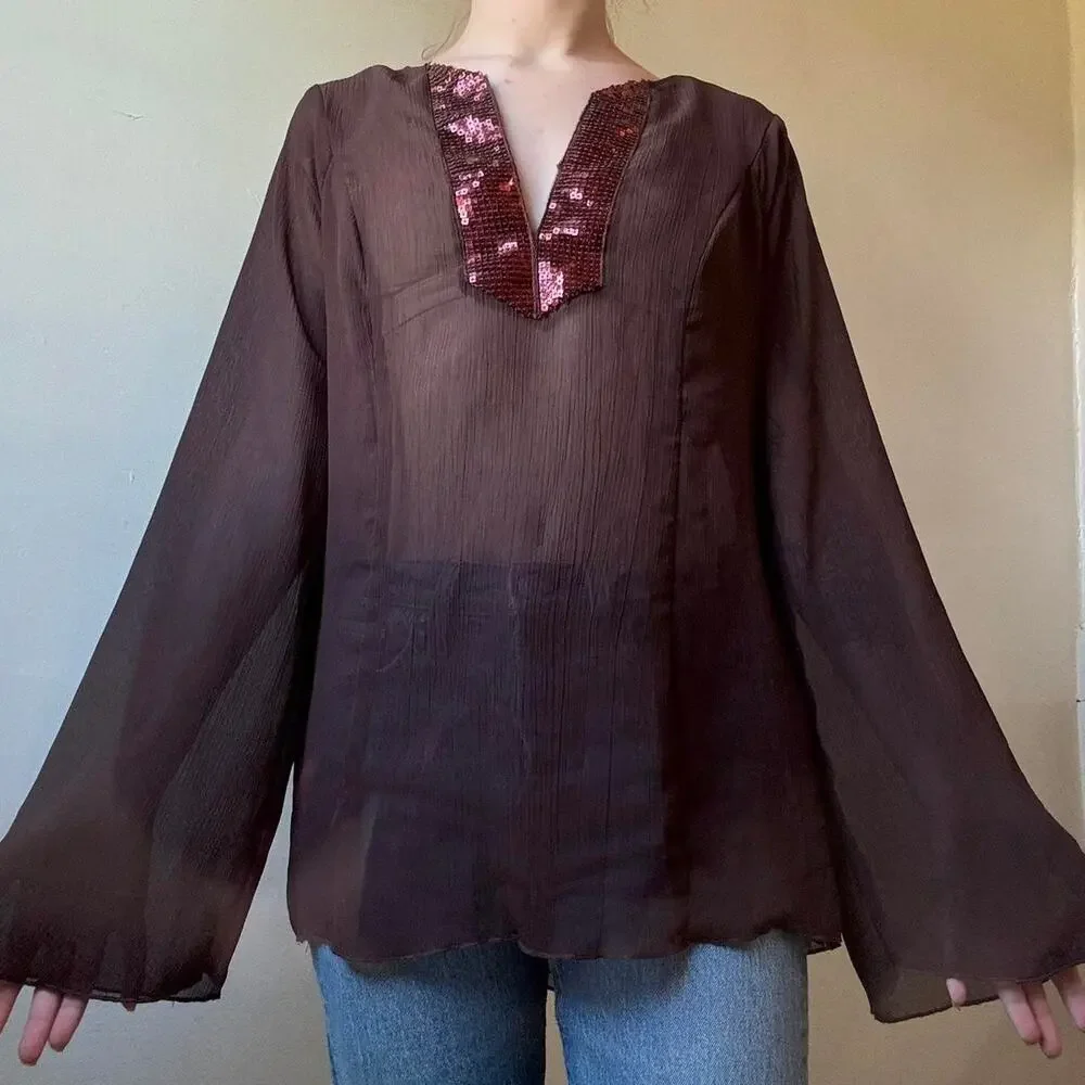 Vintage Soulmates Sheer Brown Sequined Blouse Small Witchy 70s Stevie Nicks - Picture 2 of 3